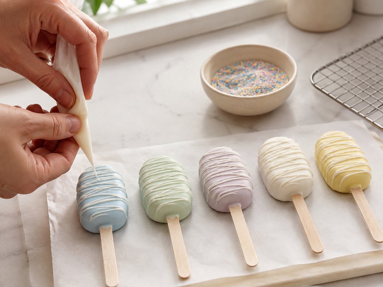A baker adding white drizzle to a row of pastel cake pops