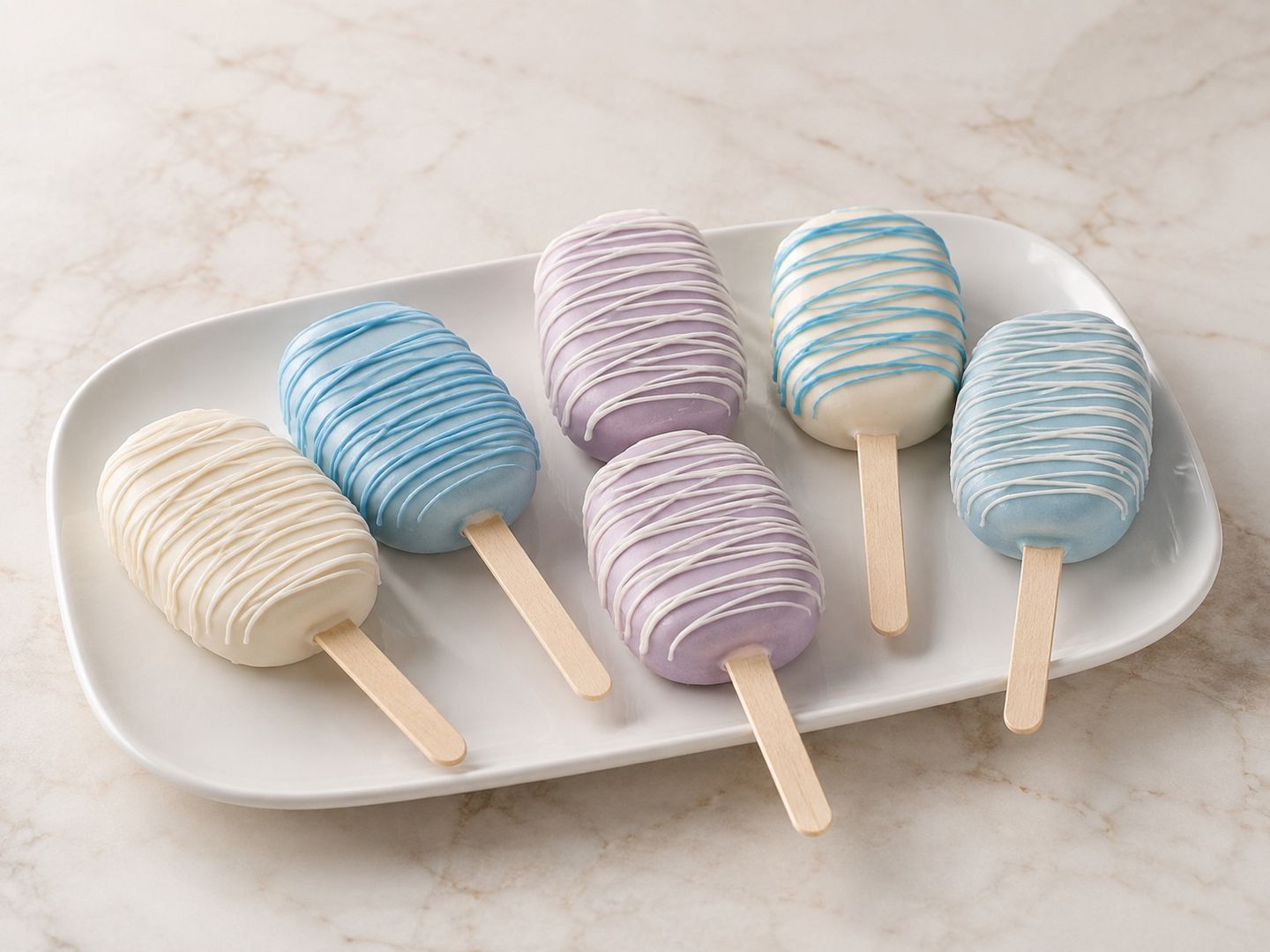 Pastel blue, lavender and ivory cake pops finished with fine drizzle